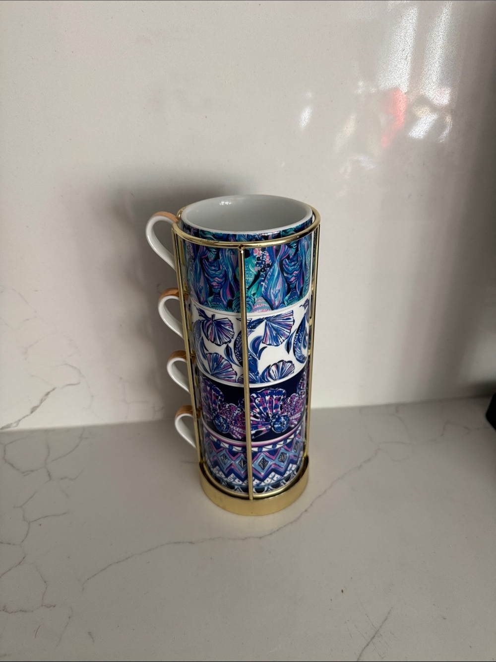 Lilly Pulitzer Blue & Purple Floral Stackable Mug Set with Gold Rack